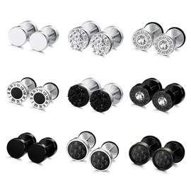 JENCVNL 9 Pairs Mens Stud Earrings, Stainless Steel Round Earrings Ear Studs Black Silver Fake Gauge Earrings Faux Ear Tunnel Faux Plugs Screw Studs Earrings Barbell Earrings for Men Boy