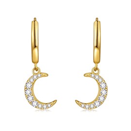 Liaya Dangle Hoop Earrings for Women Teen Girls, Spike Star Moon Pearl Sun Flower Heart Cross Chain Gold Huggie Tiny Drop Dangling Earrings, 925 Sterling Silver Hypoallergenic Fashion Jewelry Gift (Moon)