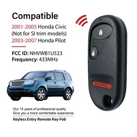 Car Key Fob Remote Keyless Entry Control NHVWB1U523 433MHz 3 Button Replacement for 2001-2007 Honda Civic Pilot - 2 Pack