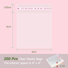 Yeaban 4”x4“ Cookie Bags, Clear Self-Sealing Cellophane Bags, Resealable Treat Bags for Candy Snack Cookies, Baked Food and Party Favors – 200 Pack