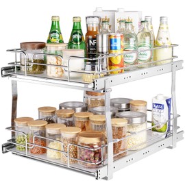 VEVOR 2 Tier 15.7" Wx21 Dx3.2 H Pull Out Cabinet Organizer, Heavy Duty Slide Out Pantry Shelves, Steel Roll Out Drawers, Sliding Drawer Storage for Home, 18.5" Wx22.5 Dx19 H Install Size for Cabinet