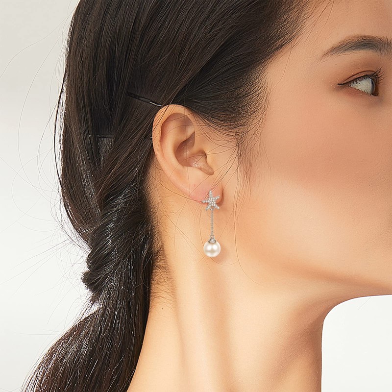 Pearl Earrings for Women Sterling Silver Starfish Earrings Pearl Drop