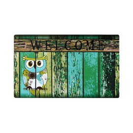 Welcome Doormat, Entrance Mat Floor Mat Rug for Indoor Outdoor Front Door with Non-Slip Rubber Backing, Printing Door Mat with Owl Pattern, 17''WX29''L (Green)