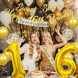 Gold Sweet 16th Birthday Decorations Gifts for Girls Happy Sweet Sixteen 16th Birthday Banner Crown Tiara Sash Gold Number 16 Balloons for Girls 16th Bday Gifts Party Supplies