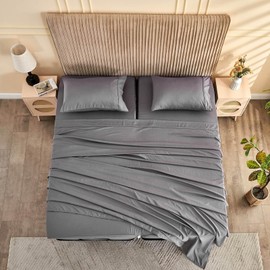 Kingnex Bamboo Viscose Split Top King Sheets Sets for Adjustable Bed Soft 4 Pieces Include 1 Flex Head King Fitted Sheet 1 Flat Sheet 2 King Size Pillowcases Grey