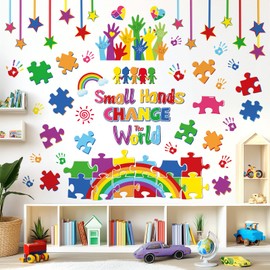 decalmile Rainbow Inspirational Quotes Wall Decals Handprint Small Hands Change The World Wall Stickers Kids Playroom School Library Classroom Wall Decor