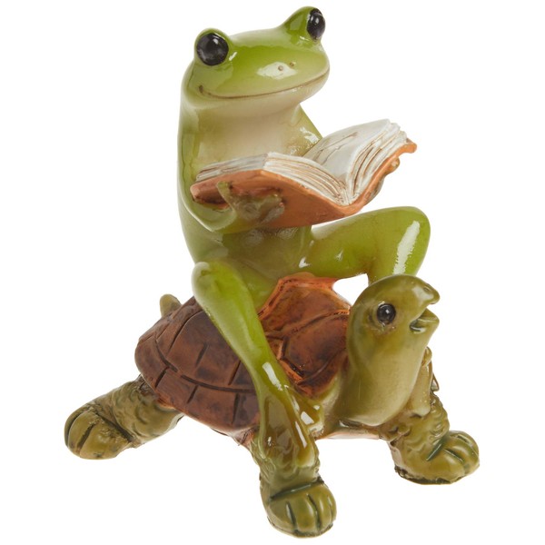 Top Collection Miniature Fairy Garden & Terrarium Frog Reading Book on Turtle Statue, Small, Green, Orange
