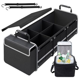 AOPHY Car Trunk Organizer with Insulated Cooler Bag, Foldable & Waterproof Storage Organizer with Lid for SUV, Truck, Sedan - 4 Large Adjustable Compartments, Heavy Duty & Collapsible Design
