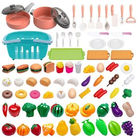 RATAKOLY Alimentos de Juguete para Niño, Juguete Cortar Frutas, Comida de Juguete de Juego Cocina con Mini Platos y Cuchillo, Juguete de Corte Cocina con Cesta para 3+ (75PCS)