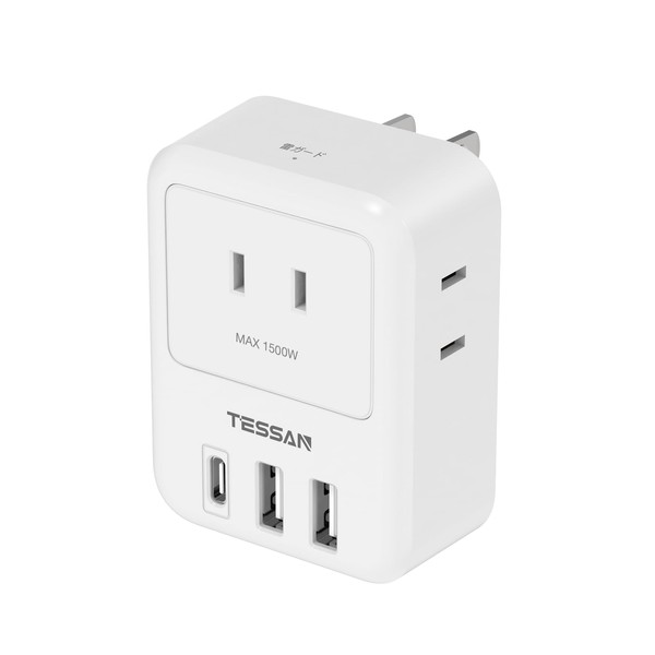 TESSAN USB-C Power Tap with USB-C, 3 AC Outlets, 2 USB-A Ports, 1 Type-C Port, USB Connect, Outlet Multiplier, Lightning Guard Included, White