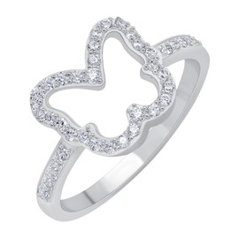 GOURIK White Gold Plated Butterfly Shape Simulated Diamond Ring Size 7 for Women - Comfort Fit Non-Tarnishing Sturdy Dainty Ring - Light Weight Statement Wedding Jewelry Gifts for Her, White Gold