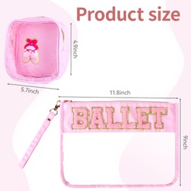 Xuqiakw 2 Pcs Ballet Bags Dance Makeup Bag with Chenille Letter Patch, Dance Recital Gifts for Girls,Clear Pouch PVC Organizer Purse,Waterproof Sport Zippered Toiletry Carry Pouch
