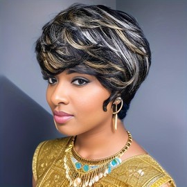 Short Layered Pixie Cut Human Hair Wigs With Bangs Pixie Cut Wigs for Black Women Muti Colored 1b/27/60 Daily Use Color Glueless Full Machine Made Wigs 1b/27/60 Color