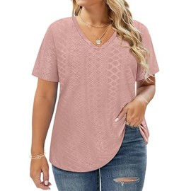 CARCOS Womens Plus Size Tops Dark Pink Eyelet Embroidery Tshirt Short Sleeve Shirts V Neck Tees Solid Color Casual Tunics Loose Fit Summer 5XL 26W 28W