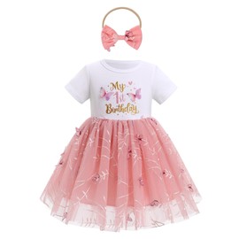FYMNSI Baby Girls 1st First Birthday Outfit Butterfly Tulle Tutu Princess Dress Toddlers Kids One Year Old Party Photo Shoot Spring Summer Casual Cotton Short Sleeve Dresses Dusty Pink 9-12 Months