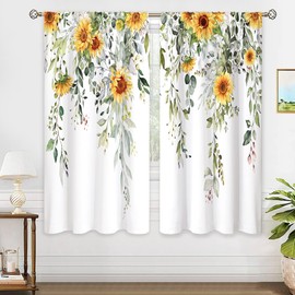 oolygoo Farmhouse Sunflower Eucalyptus Botanical Leaves Floral Window Curtains Yellow Flower Watercolor Plant Wildflower Curtain Drapes Herb Curtains for Bedroom Living Room Treatment 42Wx63H Inch