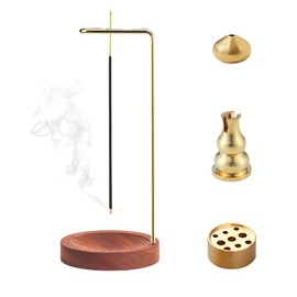 WestCH 4-in-1 Incense Stick Holder, Wood Base Incense Stick Holder with Gold Cone Spool 9 Hole Incense Holder Incense Burner for Yoga Meditation Incense Cones (A)