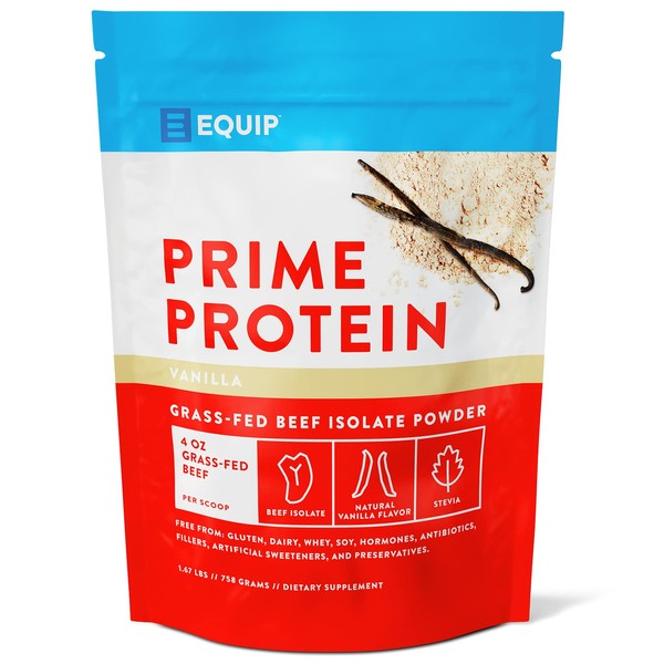 Equip Foods Prime Protein - Grass Fed Beef Protein Powder Isolate - Gluten Free Carnivore Protein Powder - Vanilla, 1.67 Pounds - Helps Build and Repair Tissue