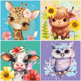 LOITTAINUE Paint by Numbers 4 Pieces from 5 6 7 8 9 Years Girls and Boys - DIY Painting by Numbers Animals for Children and Beginners with Brush and Acrylic Paints 20 x 20 cm (C)