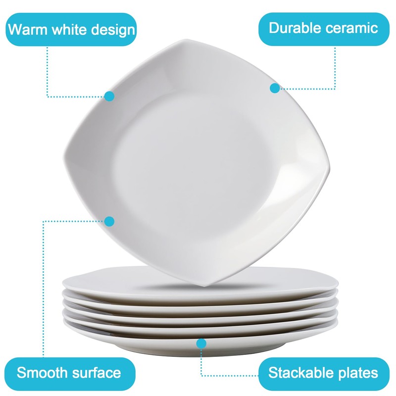 PUREZON Porcelain Square Dinner Plates Set of 6, 10.5 inch