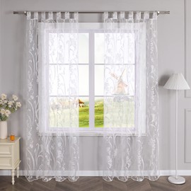 CORLIF Voile Curtain with Loops, Burnout Pattern, Transparent Curtains, Living Room, Bedroom, Curtain Shawls, White, W x H 140 x 225 cm, Pack of 1