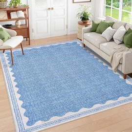 CAREMEE Scalloped Washable Rug 8x10 Area Rugs for Living Room, Solid Blue Rug for Bedroom Girls, Non Slip Scalloped Rug Throw Rugs with Rubber Back, Soft Dorm Nursery 8x10 Rug for Dining Room