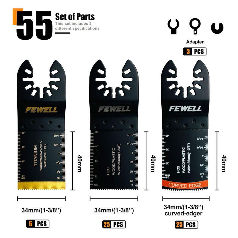 FEWELL 55PCS Oscillating Saw Blades, Universal Titanium Multitool Blades for