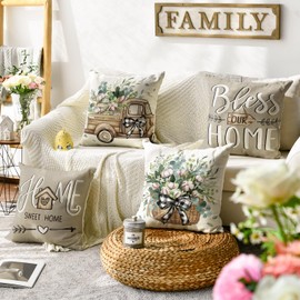 AVOIN colorlife Bless Our Home Sweet Home Farmhouse Eucalyptus Leaves Throw Pillow Covers, 20 x 20 Inch Truck Cushion Case Decorations Set of 4