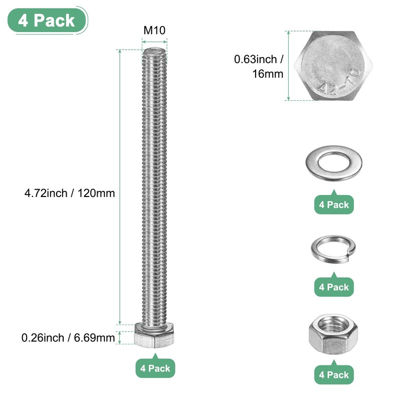 M METERXITY 4-Pack Hex Head Screw Bolt with Nuts Flat