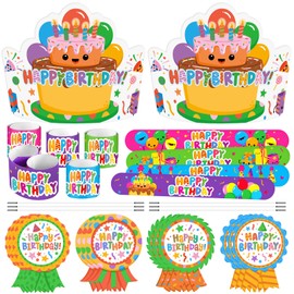 Officygnet 108 Pcs Birthday Crowns Party Hats for Kids Classroom, Include Happy Birthday Badge Stickers, Paper Party Hats with Elastic Band and Slap Bracelet, Preschool Kindergarten School Supplies