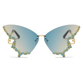 YAMEIZE Butterfly Sunglasses Rimless Vintage Glasses Funny Diamond Rhinestone Disco Glasses for Men Women Tinted Rave Glasses Festival Sunglasses, Gradient blue grey
