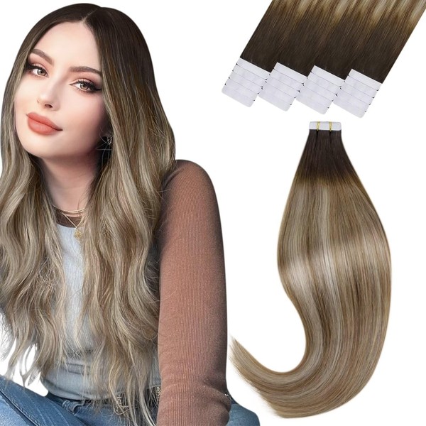 Vivien 22 inches / 55 cm Invisible Tape Extensions Real Hair Blonde Balayage 50 g Hair Extensions with Tape Straight Hair Extensions Real Hair Tape Brown Ombre Dark Brown to Light Brown Blonde #3/8/24 20 Pezzo