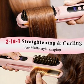 SL Euthtion Cordless Hair Straightener Brush - Curler 2 in 1 Hair Styling Tools，Portable Rechargeable Battery-Powered for Travel with 4 Temperature Settings， Removable for Easy Cleaning