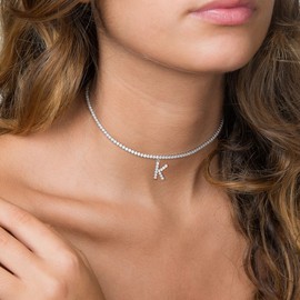 Initial A Necklaces for Women 14K White Gold Plated Cubic Zirconia Choker Silver Tennis Chain Letter Necklace Gift