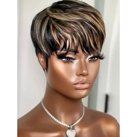 Unipearl Highlight Blonde Pixie Cut Human Hair Wigs for Black Women Glueless Wear and Go Wig Short Wavy Layered Pixie Wig with Bangs Short Straight Bob Wig for Daily Use 1B27