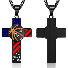 GLOVSTIA Basketball Cross Necklace for Men American Flag Necklace America Eagle Pendant Bible Verse Cross Pendant Stainless Steel Chain 24inch Basketball Sports Jewelry Basketball Gift for Men,