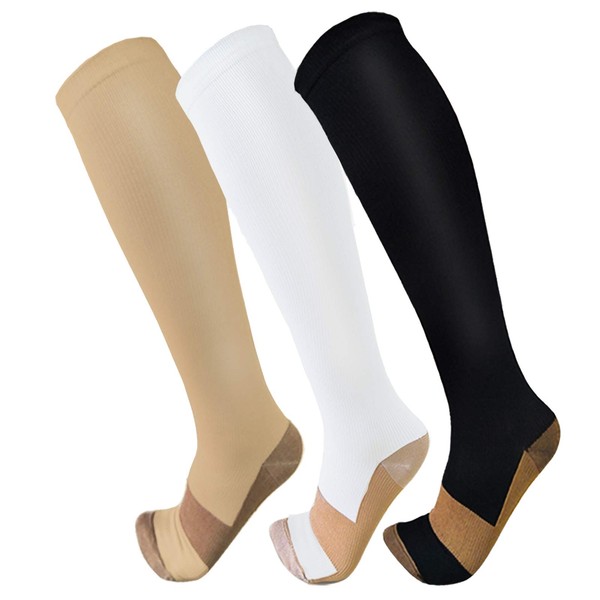 FuelMeFoot Paquete de 3 calcetines de compresión de cobre, calcetines de compresión para mujeres y hombres, ideales para médicos, correr, atletismo