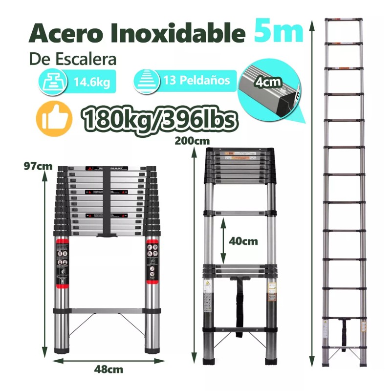 Bowoshen 5m Escalera Telescópica De Acero Inoxidable Soporta 180 Kg