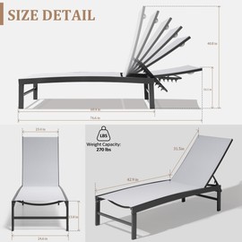 VredHom Patio Aluminum Chaise Lounge Chair, Outdoor Recliner Lounge Chair Sun Loungers, All Weather Chaise with 5 Adjustable Backrest and Lay Flat Positions for Garden, Balcony, Pool, Light Gray