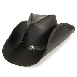 Minnetonka Silverton Dude Hat - Leather Cowboy Hat Handcrafted with Metal Conchos and Studs, Distressed Ruff Leather, and Hidden Steel Wire in Brim, X-Large -Black