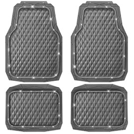 CAR PASS Bling Diamond Rubber Car Mats, Heavy Duty Deep Dish All-Weather Floor Mat Full Set Anti-Slip 3D Rhombus Waterproof Trim Fit Liner Universal Glitter Sparkly Shining Rhinestone, Gray Rubber