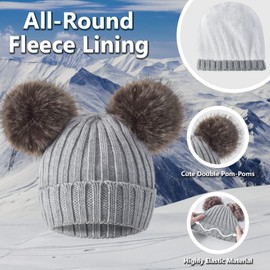 Women Beanie Hat Scarf Gloves Set Winter Warm Soft Thick Fleece Lining Knit Skull Cap with Cute Double Fur Pom Pom Grey Touchscreen Ladies Cold Weather Snow Accessories Crochet