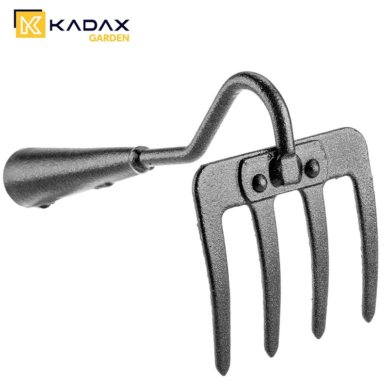 KADAX Carbon Steel Garden Rake, Hand Rake with 4 Prongs,