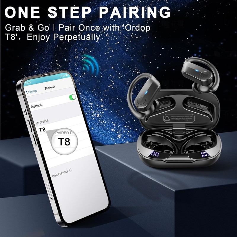 Ordtop Sport Wireless Earbuds with Earhooks, 70H Playtime, IPX8 Waterproof