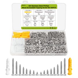 M3 Small Screws Set, Wood Screws Assortment Kit, 500pcs Tiny Phillips Flat Head Self-Tapping Screws, 304 Stainless Steel, Cabinet Hinge Screws, Contains 50pcs M6 Screw Anchors