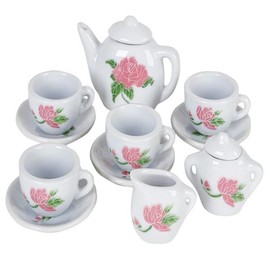 ArtCreativity Rose Flower Ceramic Doll Tea Set - 13 Pieces - Includes Cups and Plates - Tea Set for Pretend Tea Party - Fun Doll Dramatic Play Tool - Perfect Play Prize for Little Girls Ages 8+