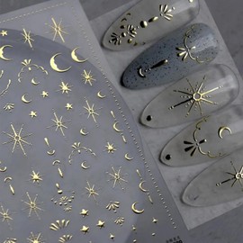 2 Sheet Gold Moon Star Nail Art Stickers Bronzing Nail Stickers for Nail Art 5D Self-Adhesive Luxury Nails Decals for Women Girls Manicure Decoration