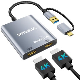 SWITCHFLUX USB C to Dual HDMI Adapter |4k@60Hz| for Mac M1/M2/M3,Displaylink(DL6950) HDMI Spilitter Extended Display for Dual Monitors Compatible with Windows, MacBook Pro/Air,Driver Required
