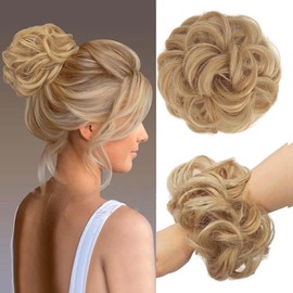 YOSILADY Messy Bun Hair Piece Human Hair Black Hair with Elastic Band Scrunchies Stretchy Fluffy Chignon Ponytail Hairpieces Updos for Women Girls (Golden Blonde, Curly)