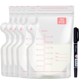 Sacos de Almacenamiento de Leche, 100 Pizeas Bolsas para Leche Materna de Congelables, Bolsas de Almacenamiento de Leche Materna, Bolsas Leche Materna con Boquilla de Vertido Fácil y Rotulador (Estándar, unidad, 100)